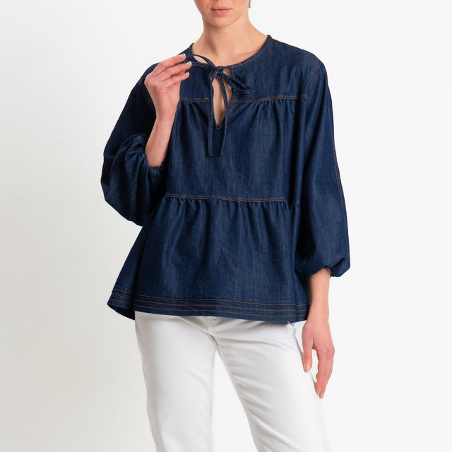 Vicolo-Blusa chambray con balza - denim scuro