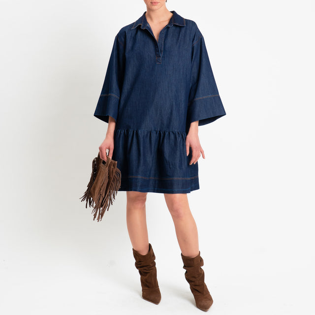 Vicolo-Abito chambray con balza - denim scuro