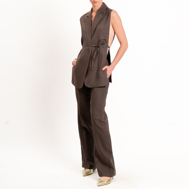 Vicolo-Gilet 100% lino con cintura - moro