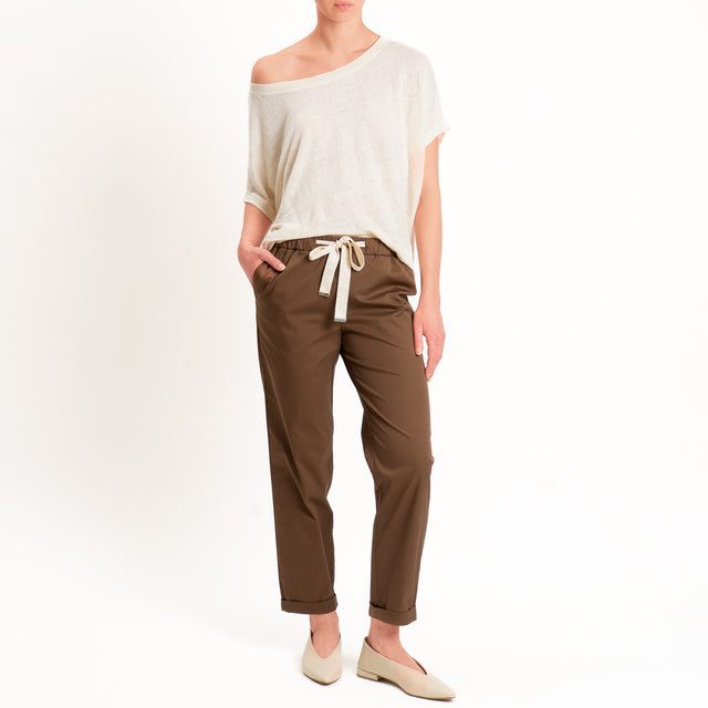 Vicolo-Pantalone popeline elastico in vita - choco
