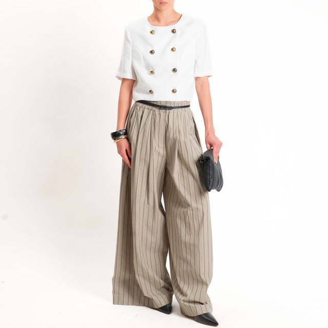 Vicolo-Pantalone gessato wide leg elastico in vita - tortora
