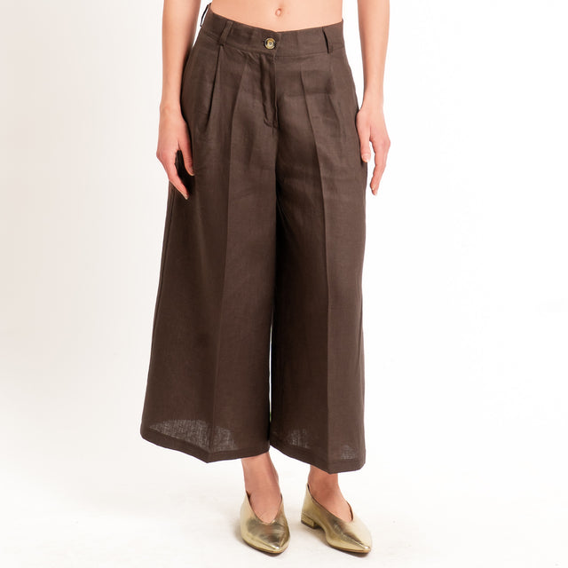 Vicolo-Pantalone cropped 100% lino con pinces - moro