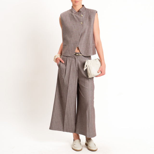 Vicolo-Pantalone gessato misto lino con pinces - moro