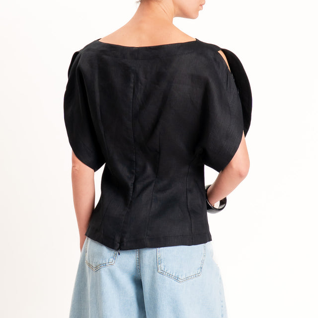 Vicolo-Camicia 100% lino manica farfalla - nero