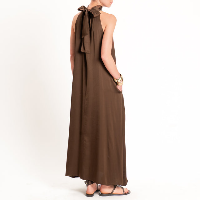 Vicolo-Abito satin scollo halter tasche laterali - choco