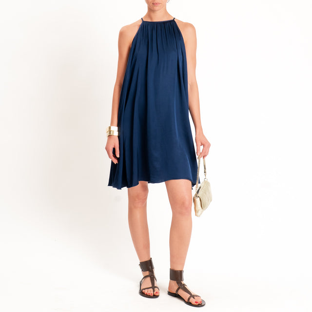 Vicolo-Abito corto in satin arricciatura sul collo - blu