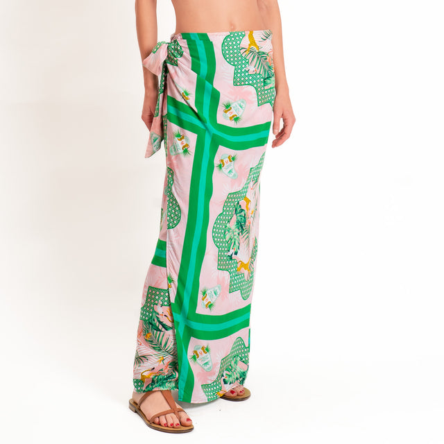 Vicolo-Completo camicia+gonna pareo fantasia - verde/rosa