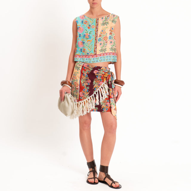 Vicolo-Completo top+gonna pareo fantasia con frange - turchese/vino/beige
