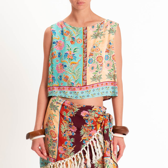 Vicolo-Completo top+gonna pareo fantasia con frange - turchese/vino/beige
