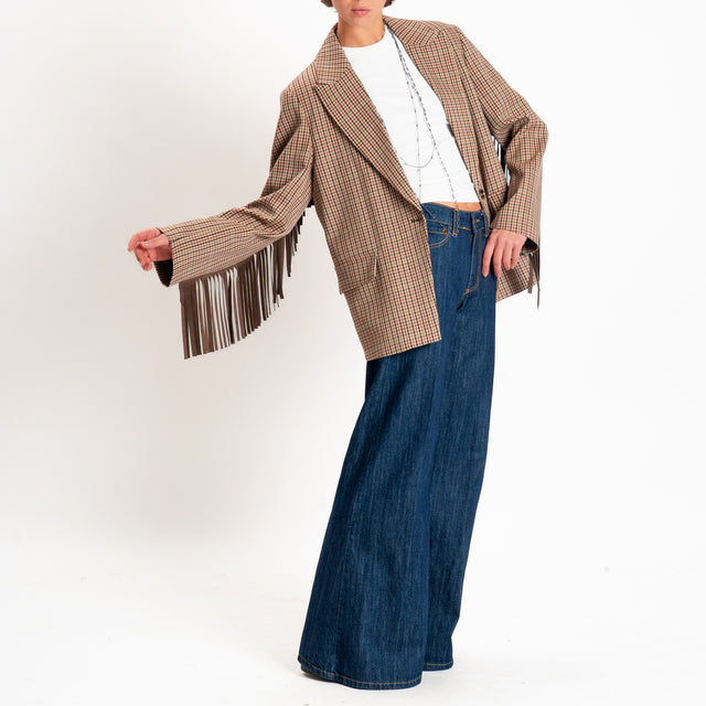 Vicolo-Giacca check con frange - beige/vino/moro