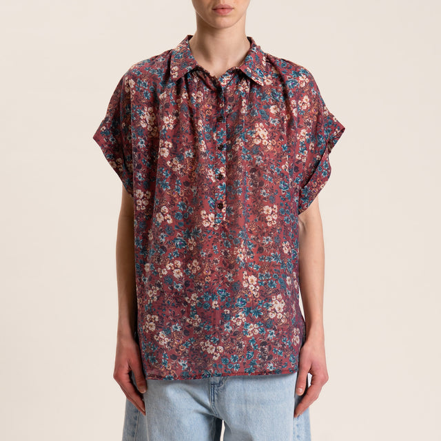 Vicolo-Camicia mussola fantasia fiori - coccio/ottanio/sand