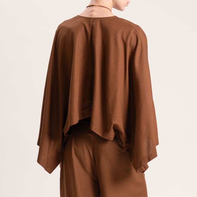Vicolo-Blusa scollo v misto lino con collana - tabacco