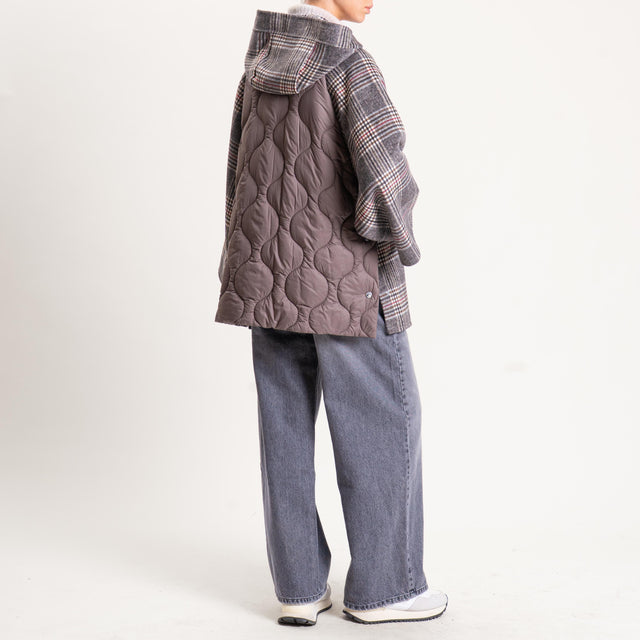 Vicolo-Cappotto check doppio tessuto con cappuccio - tortora/grigio/rosso