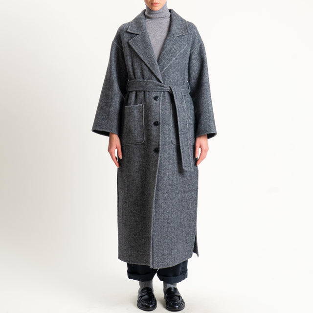 Vicolo-Cappotto spinato hand made misto lana con cintura - latte/nero