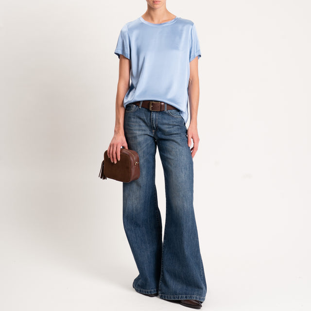 Vicolo-Blusa satin elasticizzata mezza manica - azzurro