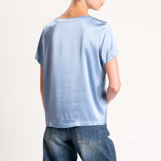 Vicolo-Blusa satin elasticizzata mezza manica - azzurro