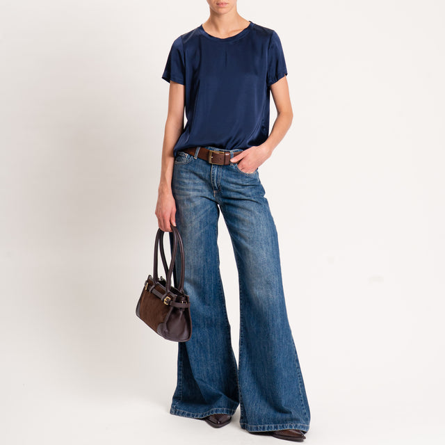 Vicolo-Blusa satin elasticizzata mezza manica - blu