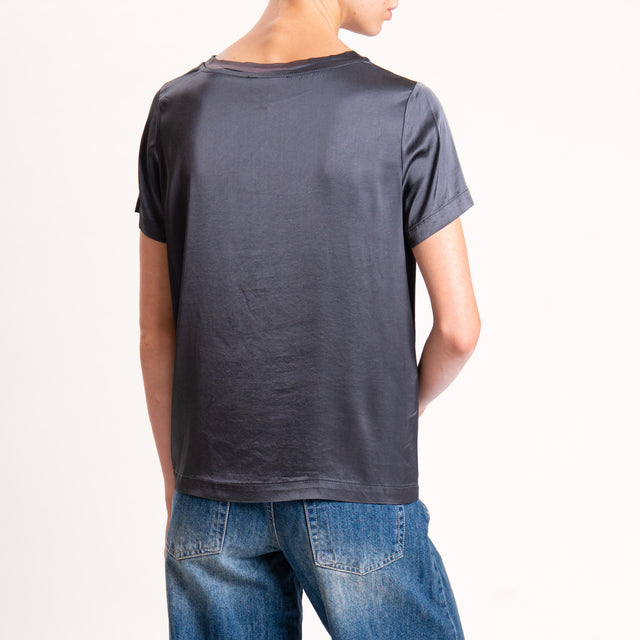 Vicolo-Blusa satin elasticizzata mezza manica - piombo