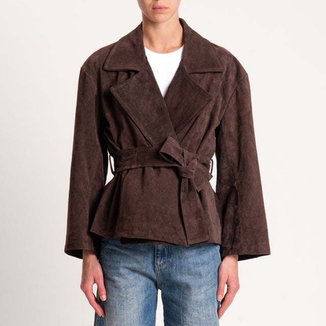 Vicolo-Giacca scamosciata 100% genuine leather con cintura- moro