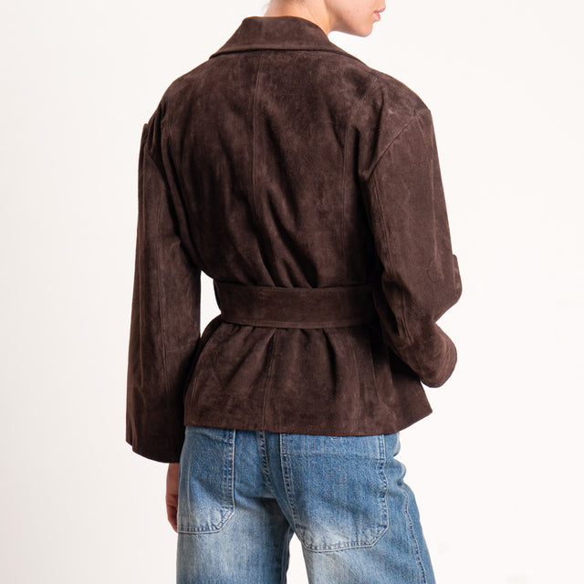 Vicolo-Giacca scamosciata 100% genuine leather con cintura- moro
