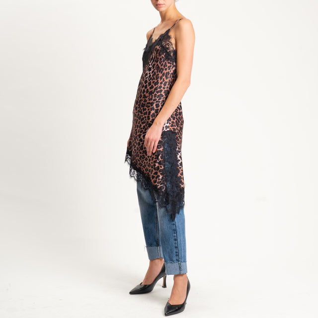 Vicolo- Abito animalier asimmetrico con pizzo - nero/beige