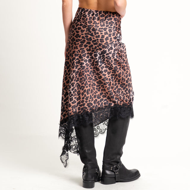 Vicolo- Gonna animalier asimmetrica con pizzo - nero/beige