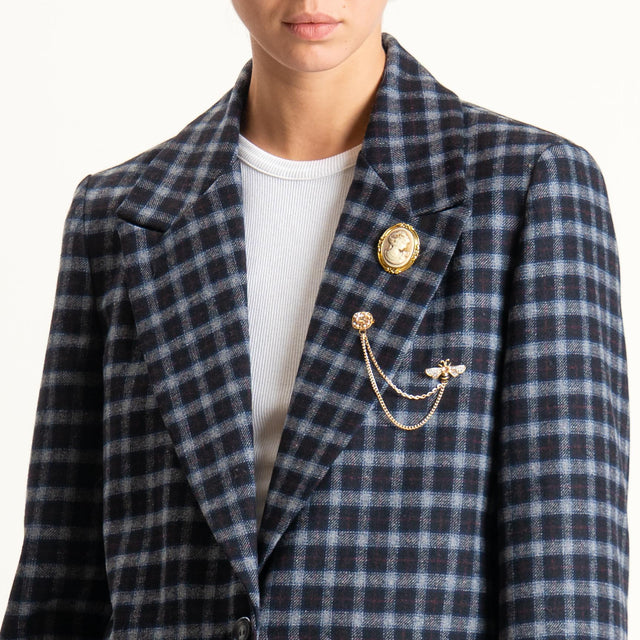 Vicolo-Giacca check misto lana con spille - grigio/blu