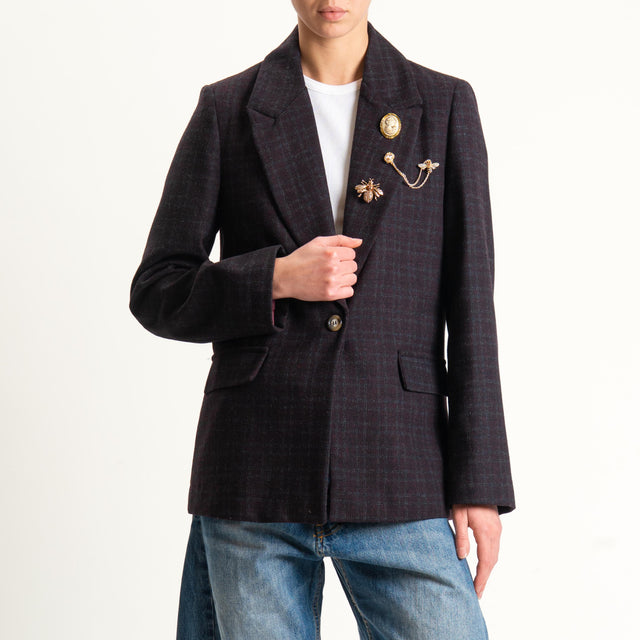 Vicolo-Giacca check misto lana con spille - vino/grigio