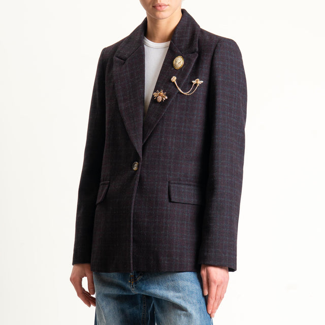 Vicolo-Giacca check misto lana con spille - vino/grigio