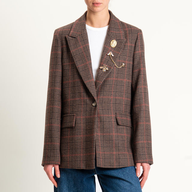 Vicolo-Giacca misto lana un bottone con spille - check cuoio/nero/red