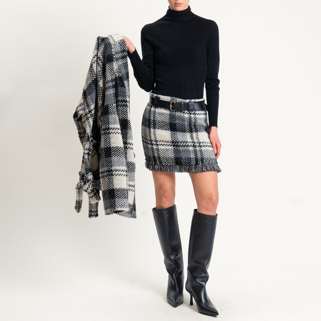 Vicolo-Minigonna check misto lana con cintura - burro/grigio/nero