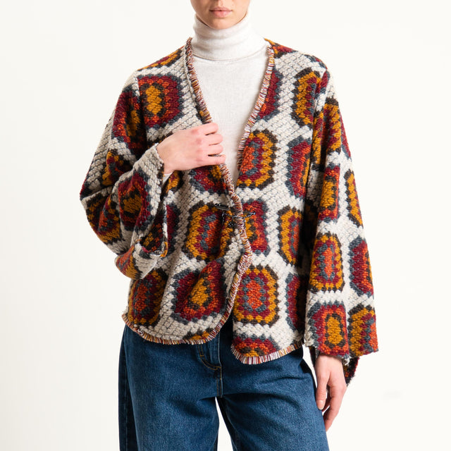 Vicolo-Cardigan misto lana fantasia - latte/vino/senape