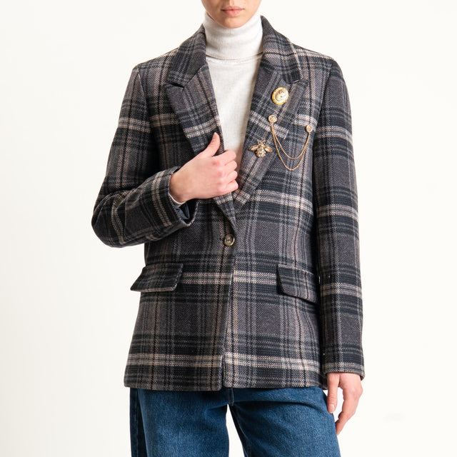 Vicolo-Giacca check misto lana con spille - grigio/nero/beige