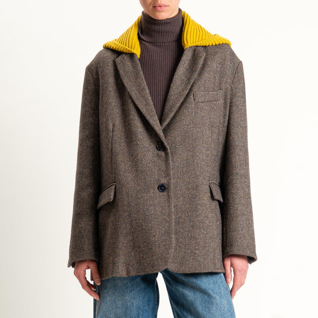 Vicolo-Giacca spinata misto lana con cappuccio - moro/senape