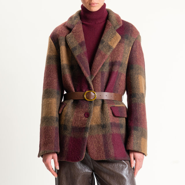 Vicolo-Giacca check misto lana con cintura - vino/cuoio