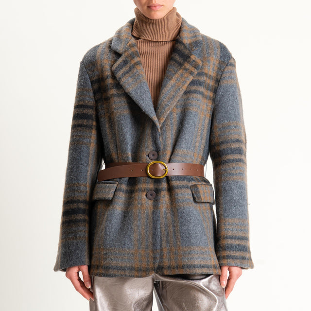 Vicolo-Giacca check misto lana con cintura - antracite/cuoio