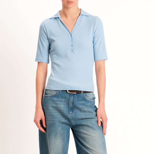 Vicolo-T-shirt a costine scollo polo - azzurro