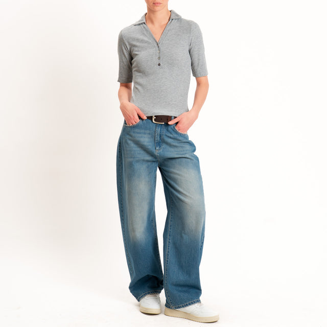 Vicolo-T-shirt a costine scollo polo - grigio melange