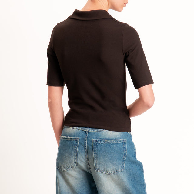 Vicolo-T-shirt a costine scollo polo - cioccolato