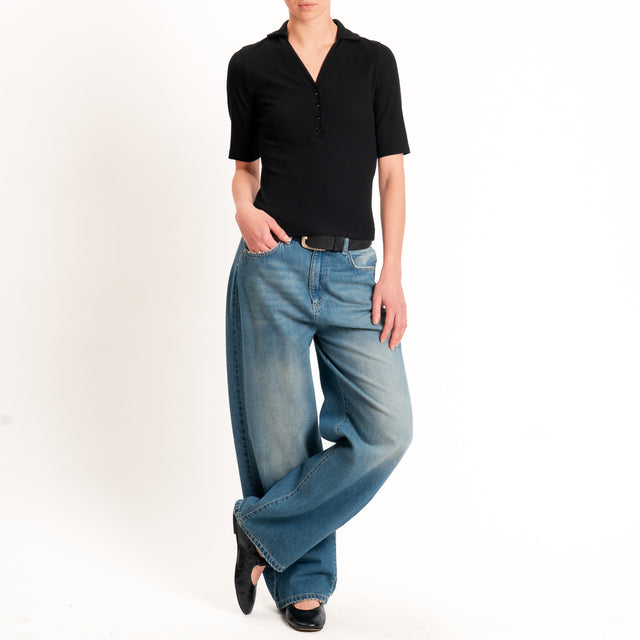 Vicolo-T-shirt a costine scollo polo - Nero