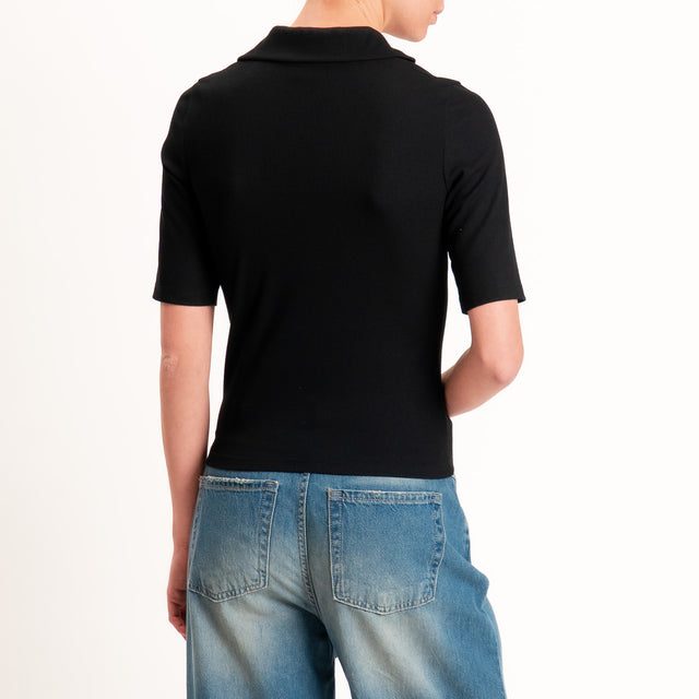 Vicolo-T-shirt a costine scollo polo - Nero