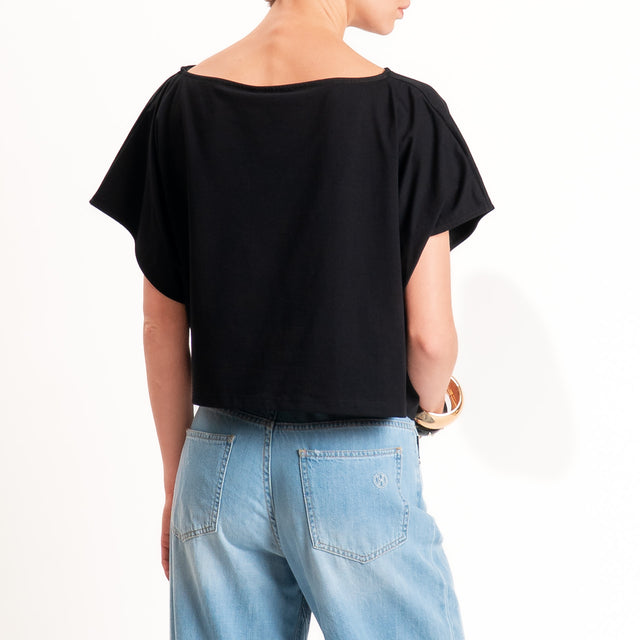 Vicolo-T-shirt scollo barca nodo davanti - nero