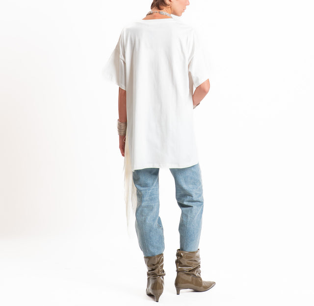 Vicolo-T-shirt oversize con frange laterali - latte