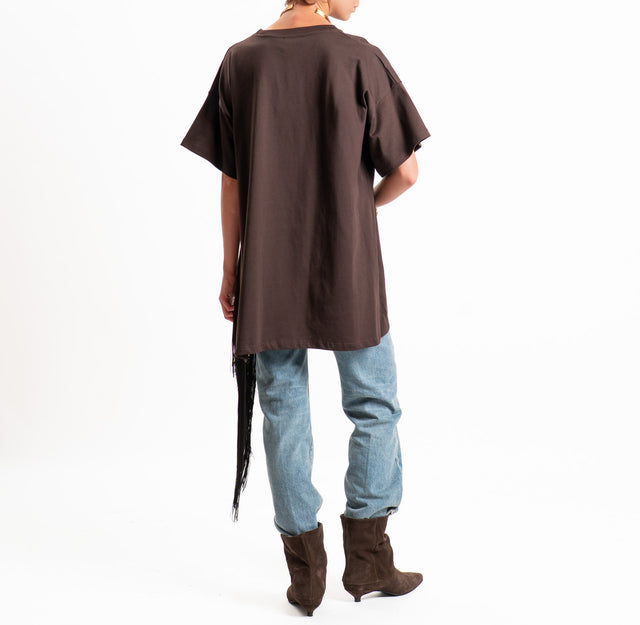 Vicolo-T-shirt oversize con frange laterali - cioccolato
