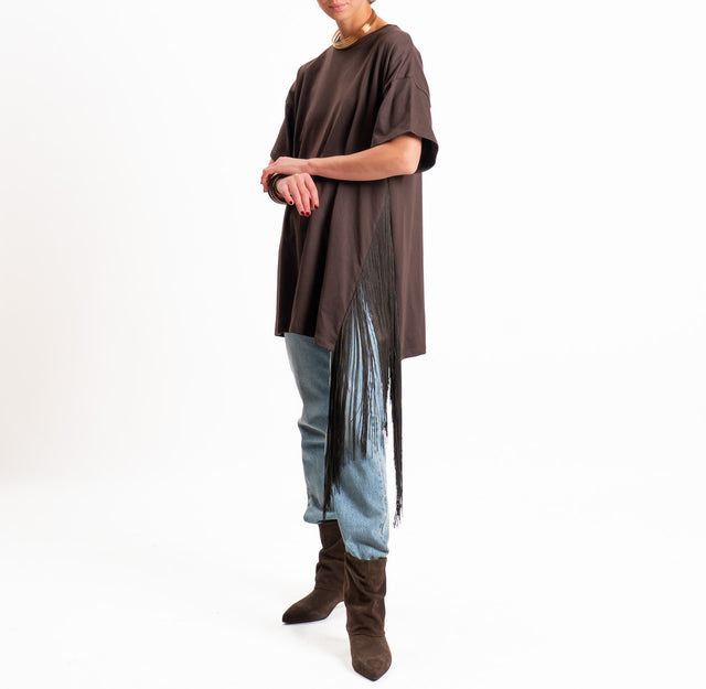 Vicolo-T-shirt oversize con frange laterali - cioccolato
