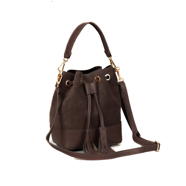 W by Whitemood-Large Bucket Bag with Tassels - Dark Brown