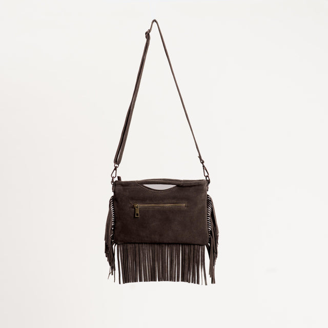 W by Whitemood-Borsa a mano scamosciata con frange - moro