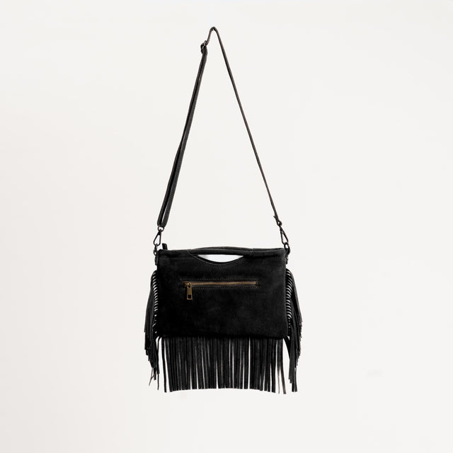 W by Whitemood-Borsa a mano scamosciata con frange - Nero
