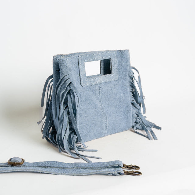 W by Whitemood-Mini borsa a mano scamociata con frange - sky