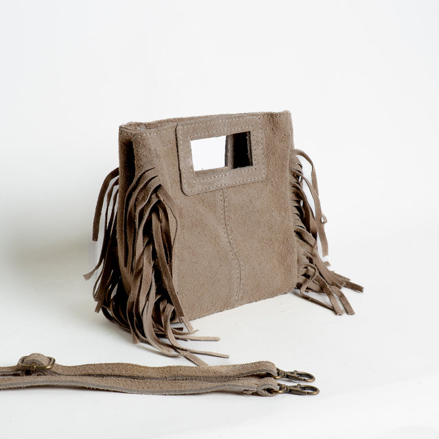 W by Whitemood-Mini borsa a mano scamociata con frange - taupe
